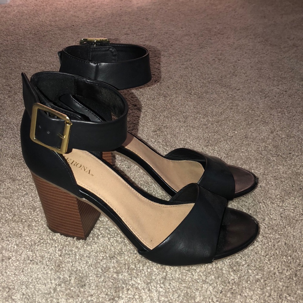 Black sandal- like, open toed booties